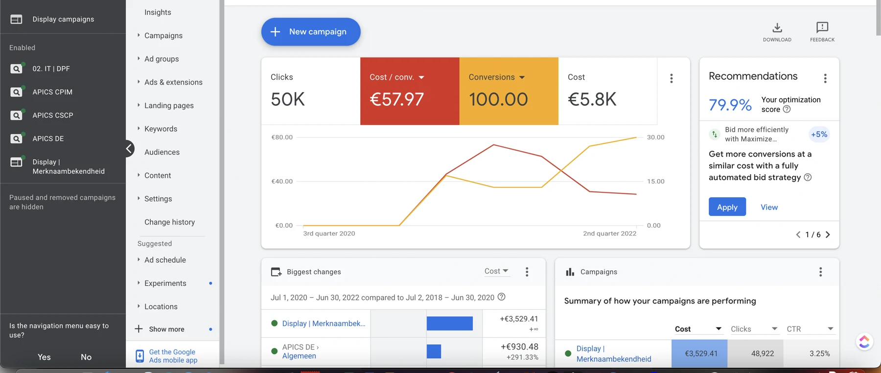 Google Ads Overview, Jul 1, 2020 – Jun 30, 2022 (24 months): 50,000 clicks, 100 conversions (blended), €57.97 cost per conversion blended, €5,800 total spend, 79.9% optimization score. The 6-month rebuild sits inside this panorama.