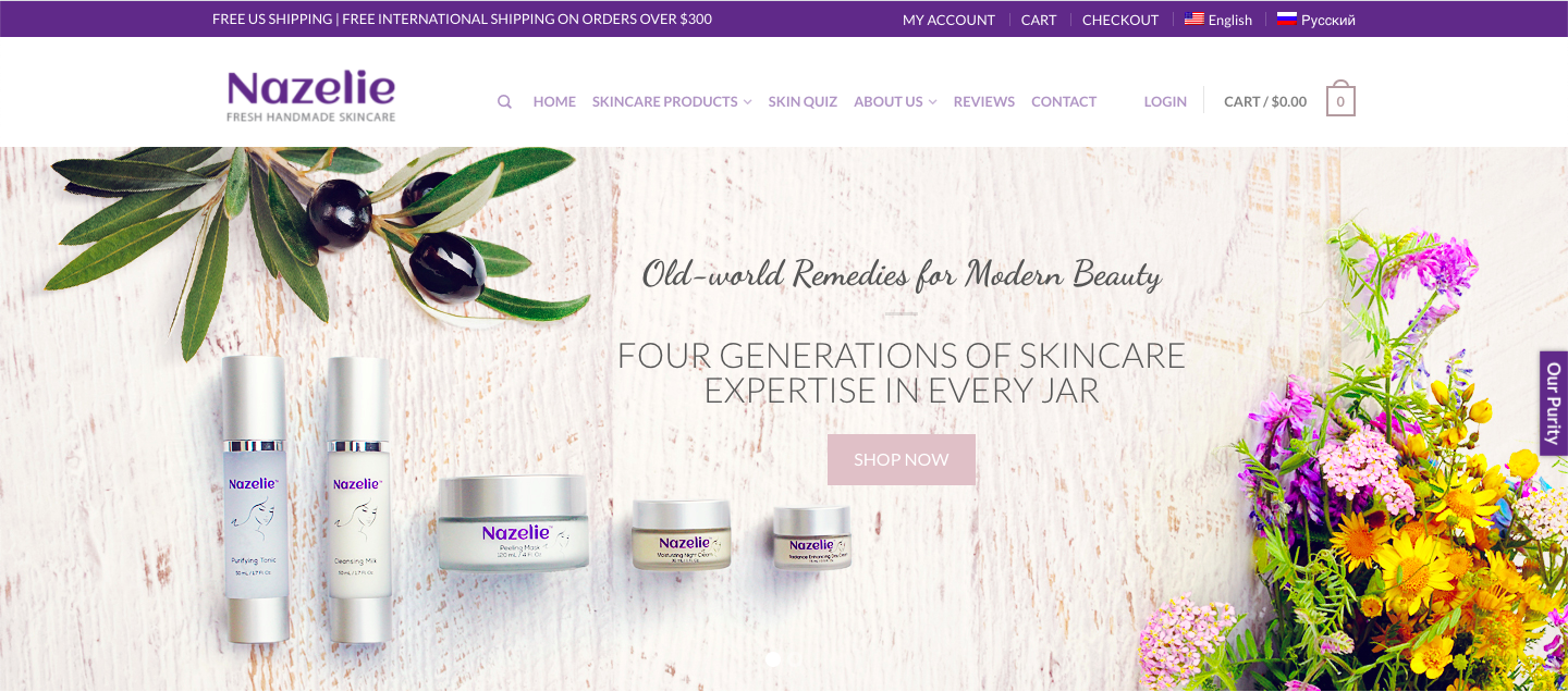 Nazelie — heritage skincare. English homepage (the Russian mirror lives on the same install), built on WordPress + WooCommerce with WPML handling full content, taxonomy and product-attribute translation. Picked up by WPML and featured on wpml.org as a reference implementation.
